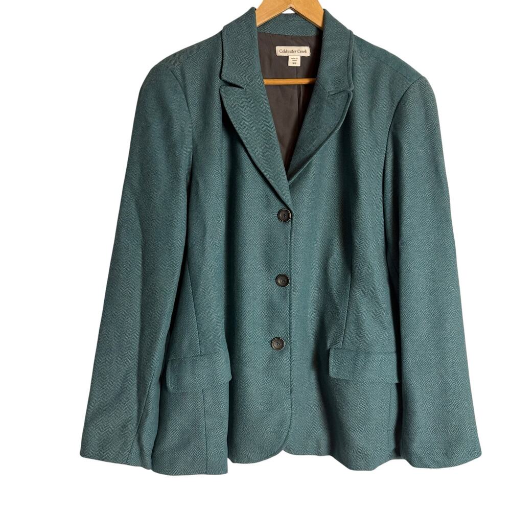 Coldwater Creek Teal Blue Wool Herringbone Tweed Blazer Jacket Plus Size 18 - Picture 1 of 9
